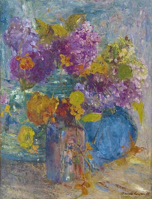 Floris Verster | Flaschen mit Kapuzinerkressen und Hortensien, Öl auf Leinwand, 73,7 x 56,5 cm, Unterzeichnet r.u. und datiert '94