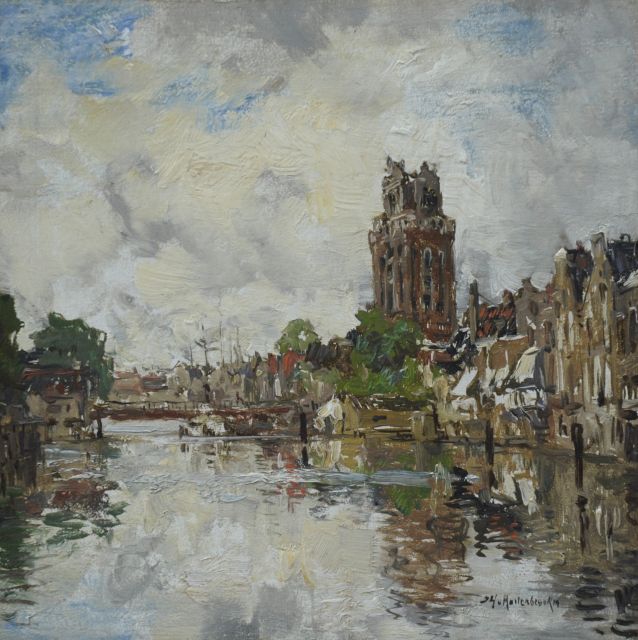 Mastenbroek J.H. van | A harbour in Dordrecht with the tower of the Grote Kerk, Öl auf Holz 15,8 x 16,0 cm, signed l.r.
