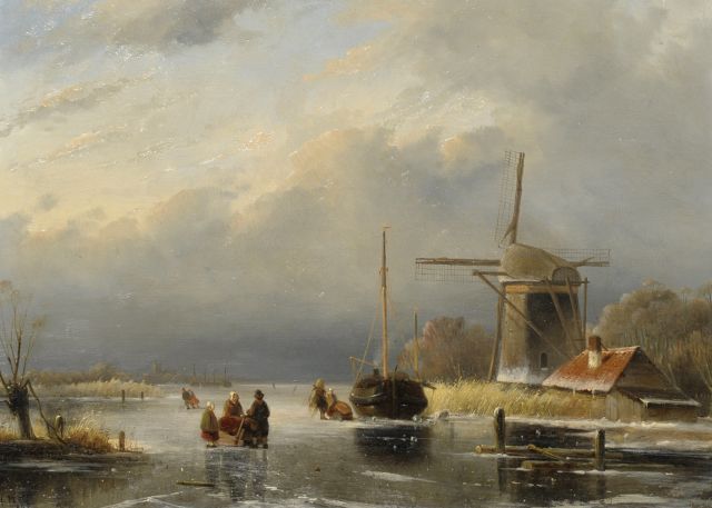 Cornelis Petrus 't Hoen | A winter landscape with skaters by a windmill, Öl auf Holz, 32,0 x 43,5 cm, signed l.l. und dated 1846