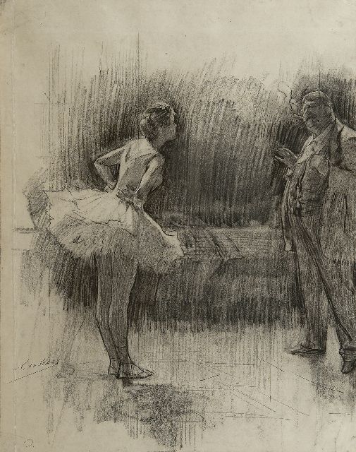 Nicolaas van der Waay | Die widerspenstige Ballerina, Schwarze Kreide auf Papier, 54,7 x 42,5 cm, Unterzeichnet l.u.