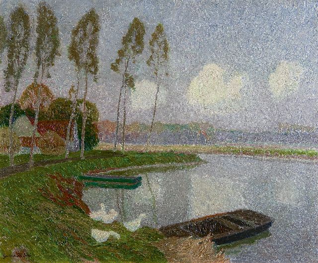 Gustave de Smet | Along the river Leie, near Sint-Martens-Latem, Öl auf Leinwand, 50,5 x 60,9 cm, signed l.l. und executed ca. 1913-1914