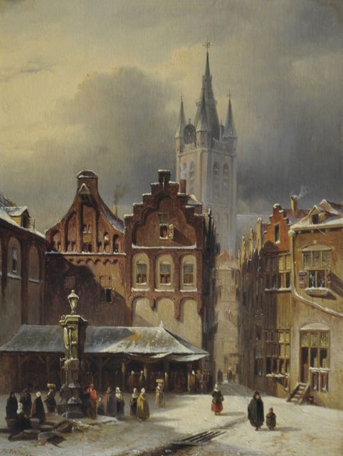 Vertin P.G.  | A town view in winter with the Oude Kerk of Delft, Öl auf Holz 24,8 x 18,9 cm, signed l.l. und dated '47