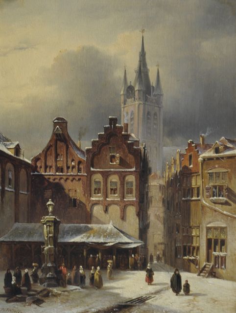 Petrus Gerardus Vertin | A town view in winter with the Oude Kerk of Delft, Öl auf Holz, 24,8 x 18,9 cm, signed l.l. und dated '47