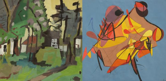 Zee J. van der | A yard with trees; verso: Composition, Aquarell und Gouache auf Papier 56,0 x 56,0 cm, signed l.r. recto and verso und painted in the 1950's, verso ca. 1965-1968