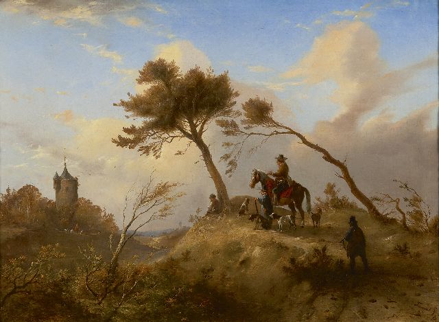 Johannes Tavenraat | Hunting party in a hilly landscape, Öl auf Leinwand, 42,5 x 57,5 cm, signed l.r. und dated 1845
