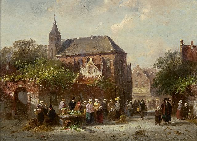 Charles Leickert | Belebter Dorfplatz, Öl auf Tafel, 16,9 x 23,2 cm, Unterzeichnet l.u.