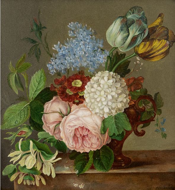 Johan van Hulstijn | Blumenstilleben mit Rosen, Tulpen, Primeln und anderen Blumen, Öl auf Tafel, 29,3 x 26,9 cm, Unterzeichnet r.u.