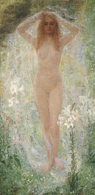 Blommestein L.A.A. van | A standing nude surrounded by white lilies, Öl auf Leinwand 160,7 x 80,3 cm, signed l.l. und dated 1907
