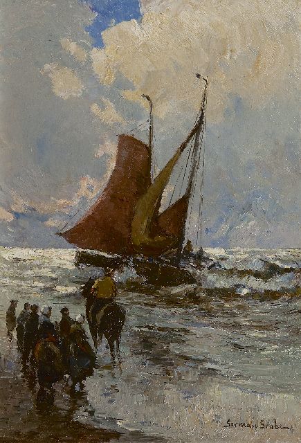 German Grobe | Fishing boats in the surf, Katwijk, Öl auf Holz, 41,0 x 28,5 cm, signed l.r.