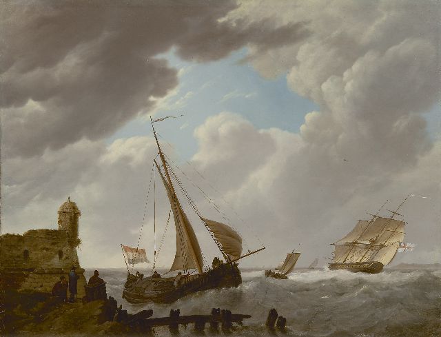 Johannes Hermanus Koekkoek | Sailing ships off the coast of Zeeland, Öl auf Holz, 36,0 x 47,0 cm, signed l.c.