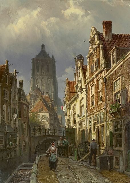 Willem Koekkoek | Holländischer Stadtblick mit dem Turm der st. Catharinakirche von Den Briel, Öl auf Leinwand, 60,0 x 43,8 cm, Unterzeichnet r.u.