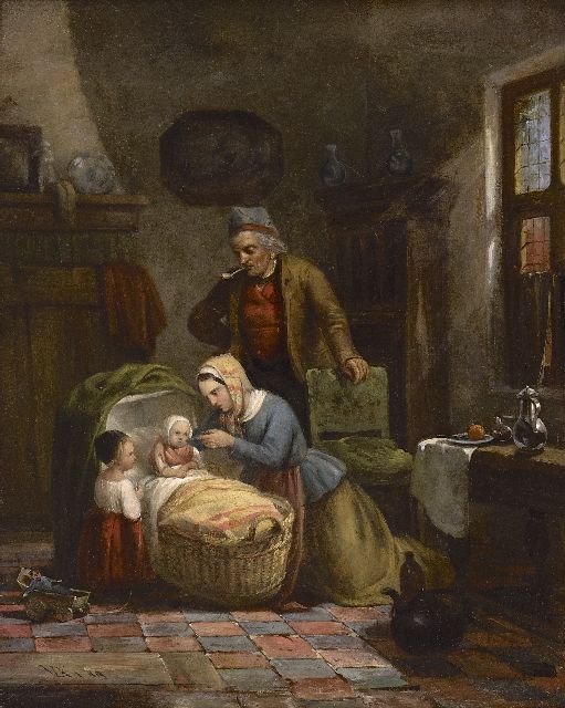David van der Kellen III | Fischerfamilie im Innenraum, Öl auf Tafel, 32,0 x 26,1 cm, Unterzeichnet l.u. mit Monogramm und datiert '49