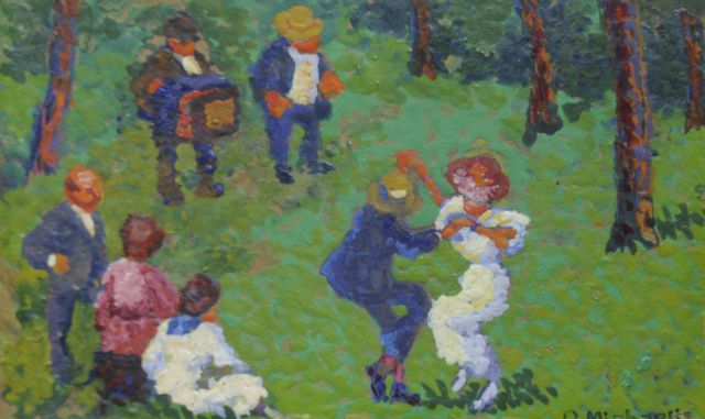 Oskar Michaelis | Dancing in the forest, Gouache auf Pappe, 8,3 x 13,9 cm, signed l.r.