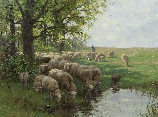 Willem Steelink jr. | A sheperd with flock by at watering place, Öl auf Leinwand, 50,5 x 67,5 cm, signed l.l. und dated juli 1914 on the reverse