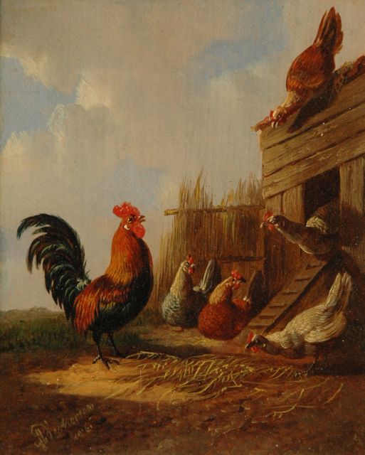 Albertus Verhoesen | The rooster with his hens (pair), Öl auf Holz, 12,7 x 10,5 cm, signed l.l. und dated 1861