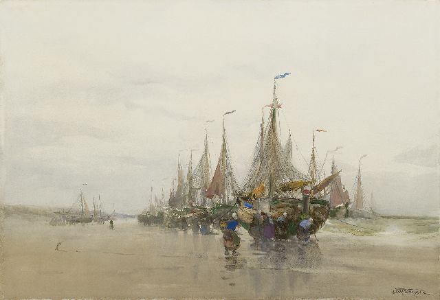 Gruppe C.P.  | Fishing barges on the beach, Aquarell auf Papier 39,5 x 58,7 cm, signed l.r.