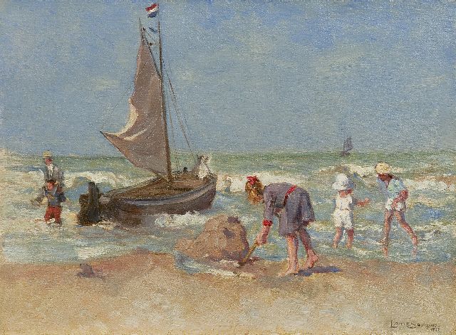 Louis Soonius | At the beach, Öl auf Leinwand  auf Holzfaser, 26,6 x 35,9 cm, signed l.r. und dated 1918