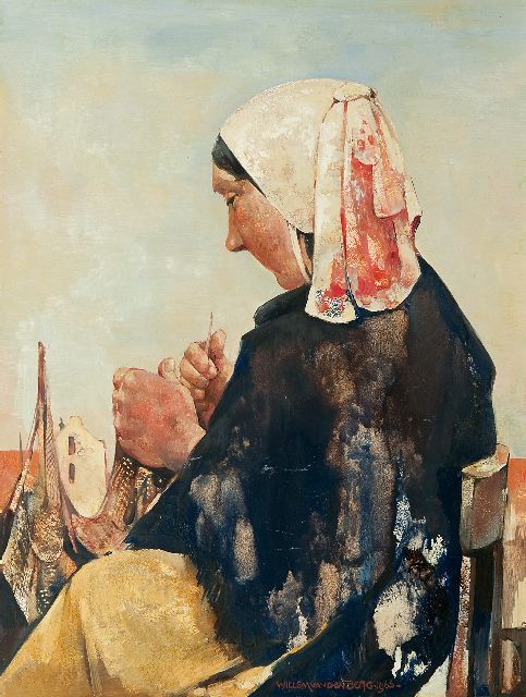 Willem van den Berg | Netzen flicken in Scheveningen, Öl auf Malereifaser, 39,8 x 29,9 cm, Unterzeichnet r.aus der M. und datiert 1966