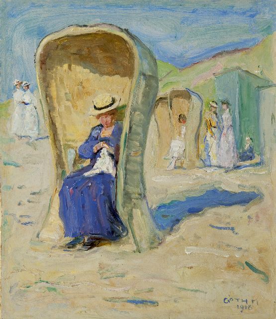 Maurice Góth | On the beach, Domburg, Öl auf Papier auf Holzfaser, 31,5 x 27,8 cm, signed l.r. und dated 1918