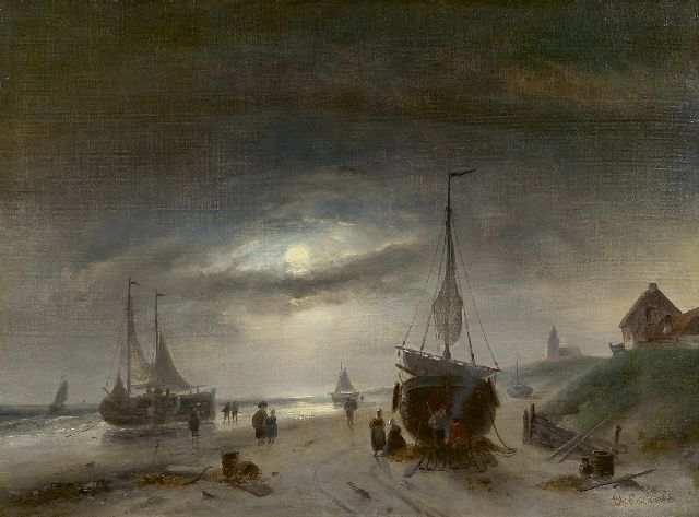 Charles Leickert | Fischer und Boote auf dem Strand von  SCheveningen, im Mondlicht, Öl auf Leinwand, 48,6 x 65,6 cm, Unterzeichnet r.u.