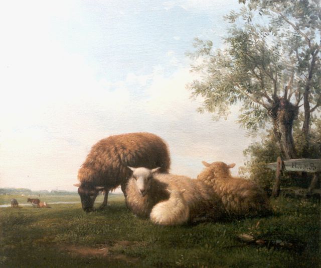 Hendrikus van de Sande Bakhuyzen | Sheep near a fence, Öl auf Holz, 17,5 x 20,5 cm, signed l.r. on the fence und dated 1825