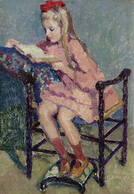 Frans Smeers | Girl reading, Öl auf Holz, 23,9 x 16,7 cm, signed l.r. und dated '16