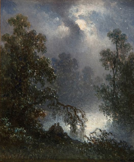 Johannes Hilverdink | A pond with two figures by moonlight, Öl auf Holz, 10,8 x 9,1 cm, signed l.l.