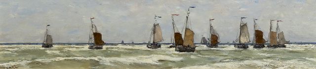 Willem Wenckebach | Fishingboats setting sail, Öl auf Holz, 22,7 x 76,8 cm, signed l.r. with initials