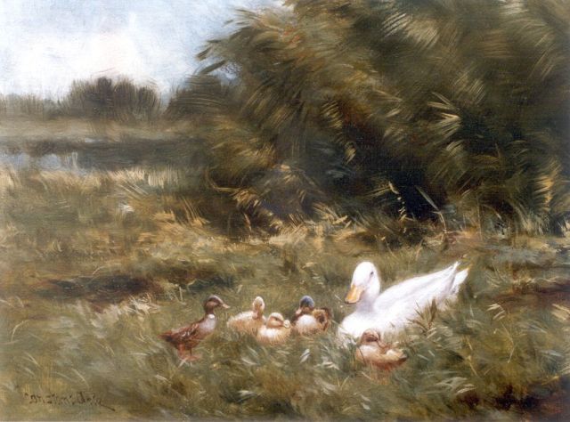 Constant Artz | Duck with ducklings in a field, Öl auf Holz, 21,2 x 26,9 cm, signed l.r.