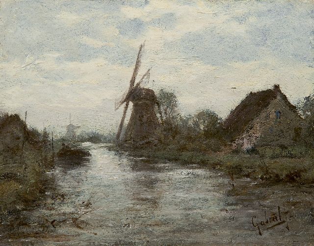 Constan Gabriel | A polder landscape with windmills, Öl auf Holz, 18,6 x 23,9 cm, signed l.r.