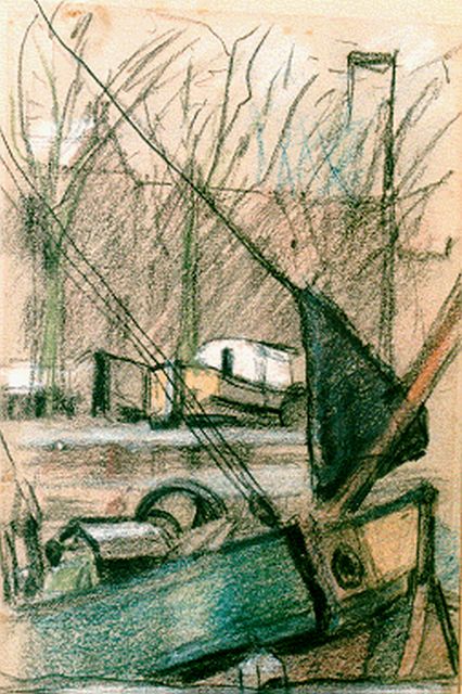 Herman Kruyder | Moored boats, Het Spaarne, Gemischte Technik auf Papier, 20,5 x 13,5 cm, signed l.c.