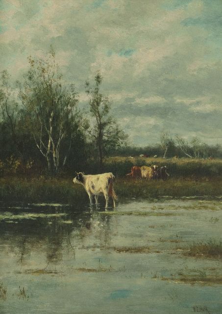 Willem Frederik Hulk | Kühe am Wasser, Öl auf Leinwand, 30,6 x 23,0 cm, Unterzeichnet r.u.