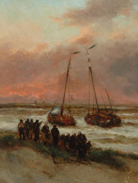 George Lourens Kiers | The fishing fleet setting out for sea, Öl auf Malereifaser, 22,7 x 17,5 cm, signed l.r. with initials and reverse