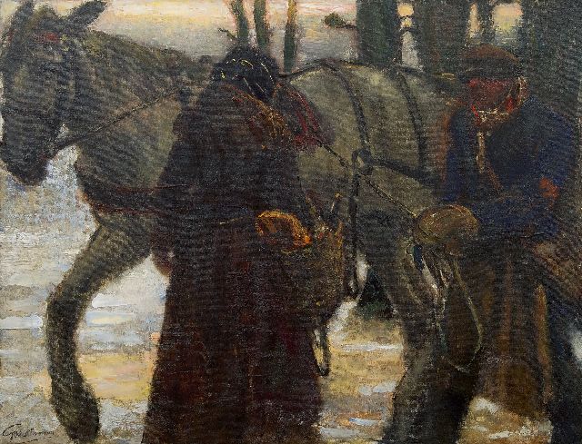 Gerard Westermann | Figuren bei einem Zugpferd, Öl auf Leinwand, 77,0 x 100,0 cm, Unterzeichnet l.u.