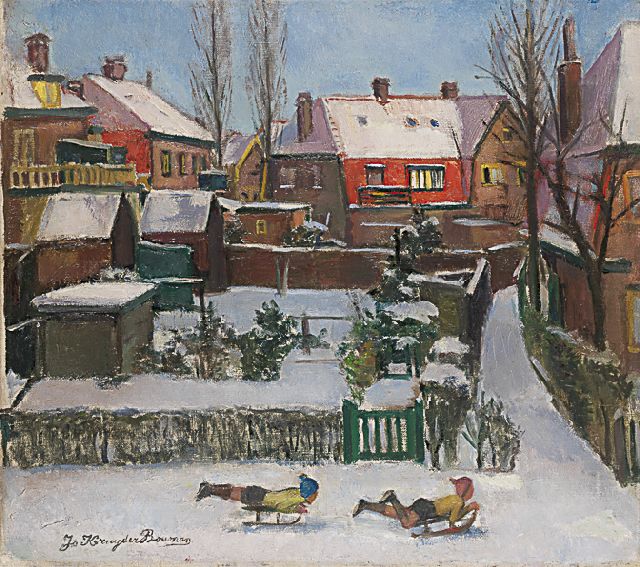 Jo Kruyder-Bouman | Sledding through town, Öl auf Leinwand, 40,3 x 45,0 cm, signed l.l. und dated 1942