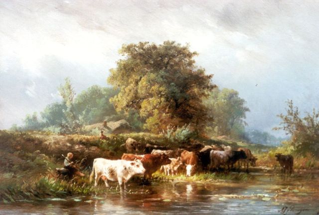 Albert Jurardus van Prooijen | Landscape with cattle, Öl auf Holz, 23,0 x 33,4 cm, signed l.r.