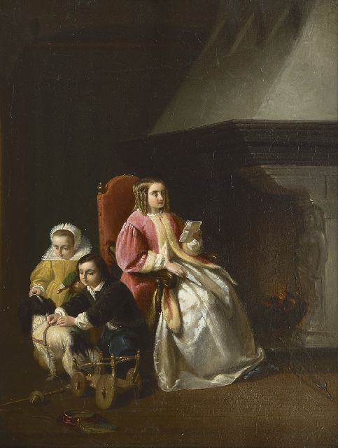 Joannes Christoffel Vaarberg | Mutter mit Kindern am Kamin, Öl auf Holz, 29,5 x 22,6 cm, Unterzeichnet l.u. und datiert '60