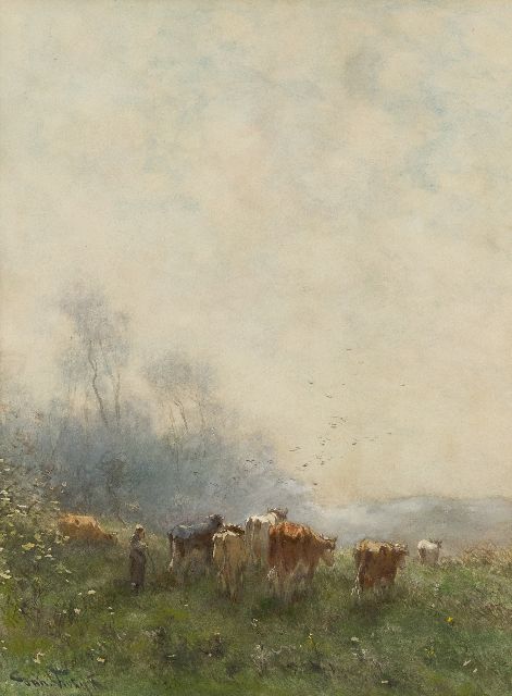 Vrolijk J.M.  | Hirtin mit ihrer Herde im Morgennebel, Aquarell auf Papier 53,5 x 39,4 cm, Unterzeichnet l.u.