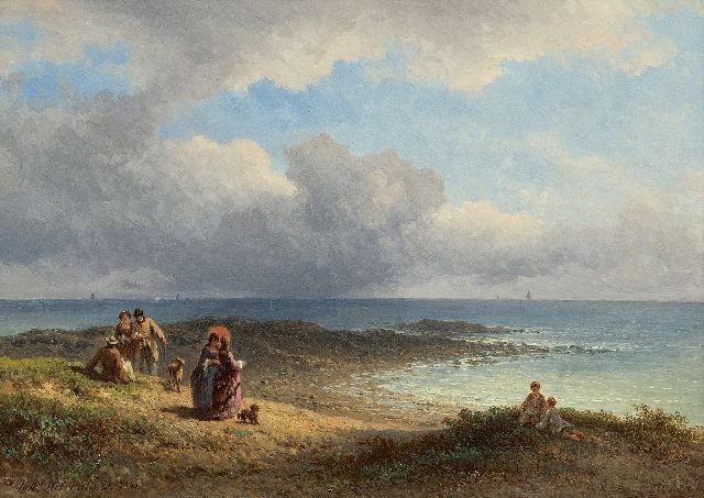 Johannes Hilverdink | Elegante Spaziergänger an der französischen Küste, Öl auf Tafel, 23,6 x 34,2 cm, Unterzeichnet l.u. und datiert 1873