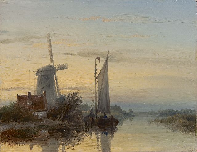 Hilverdink J.  | Moored boats near a mill, Öl auf Holz 17,3 x 22,2 cm, signed l.r. remains of signature