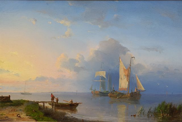 Dommershuijzen P.C.  | Flußlandschaft mit Segelschiffen bei Sonnenaufgang, Öl auf Holz 22,0 x 32,6 cm, Unterzeichnet l.u. mit Initialen und datiert '54