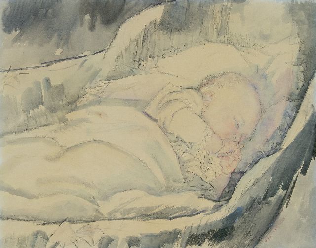 Jan Sluijters | Schlafendes Baby, Schwarze Kreide und Aquarell auf Papier, 43,3 x 55,1 cm, Unterzeichnet r.u.