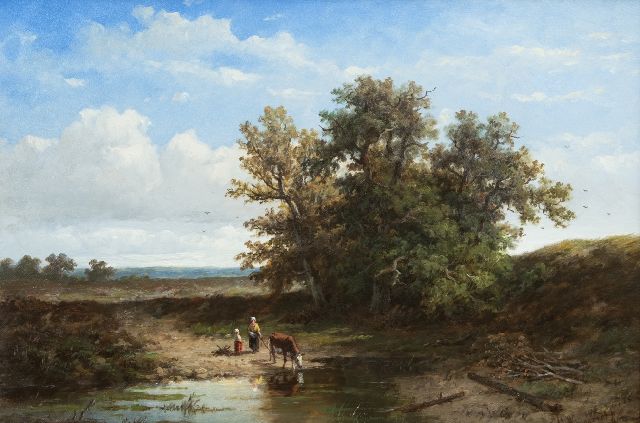 Anthonie Jacobus van Wijngaerdt | Bäuerin mit trinkender Kuh bei einem Moortümpel, Öl auf Leinwand, 37,2 x 54,4 cm, Unterzeichnet r.u.