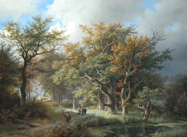 Remigius Adrianus Haanen | A forest landscape with country-people and hunters, Öl auf Holz, 42,2 x 57,1 cm