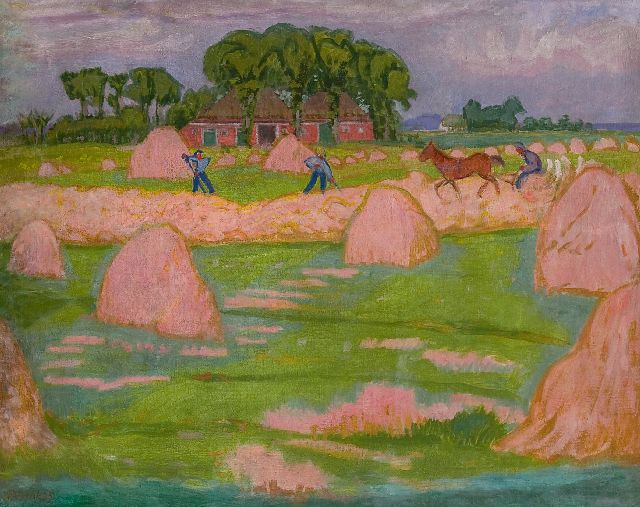 Jan Altink | Bauern beim heuen, Wachsfarbe auf Leinwand, 80,1 x 100,0 cm, Unterzeichnet l.u. und datiert '25