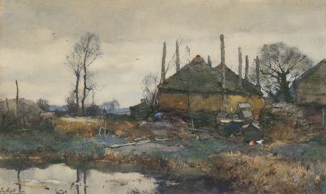 Windt Ch. van der | Bauernhof am Wasser, Aquarell und Gouache auf Papier 42,3 x 70,2 cm, Unterzeichnet l.u. und datiert 1906