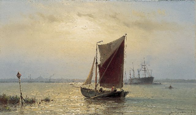 Jan H.B. Koekkoek | Schiffe auf der Maas bei Rotterdam, Öl auf Holz, 24,9 x 42,2 cm, Unterzeichnet r.u.