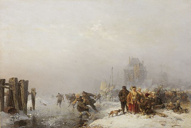 Carl Hilgers | Skaters on the ice in a winter landscape, Öl auf Leinwand, 48,7 x 65,9 cm, signed l.r. und dated 1886 on reverse