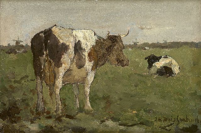 Jan Hendrik Weissenbruch | Cows in a polder landscape, Öl auf Leinwand auf Holz, 14,0 x 20,5 cm, signed l.r.