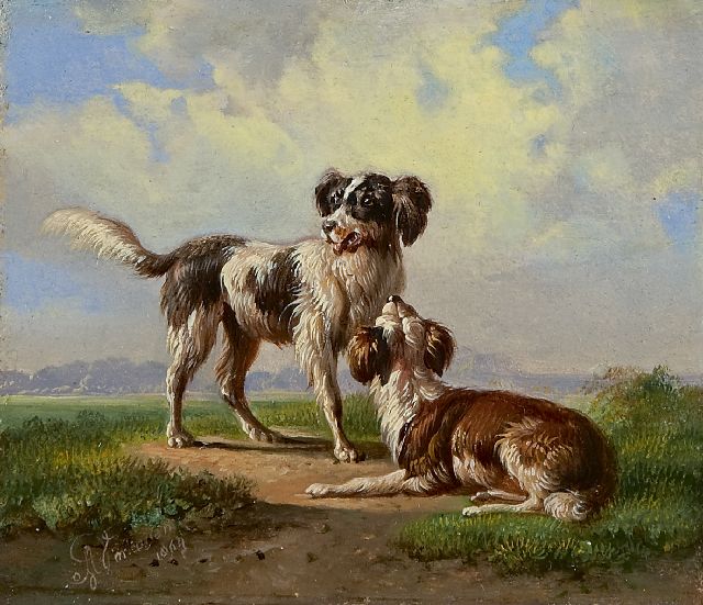Albertus Verhoesen | Zwei Jagdhunde in einer Landschaft, Öl auf Holz, 10,8 x 12,4 cm, Unterzeichnet l.u. und datiert 1864